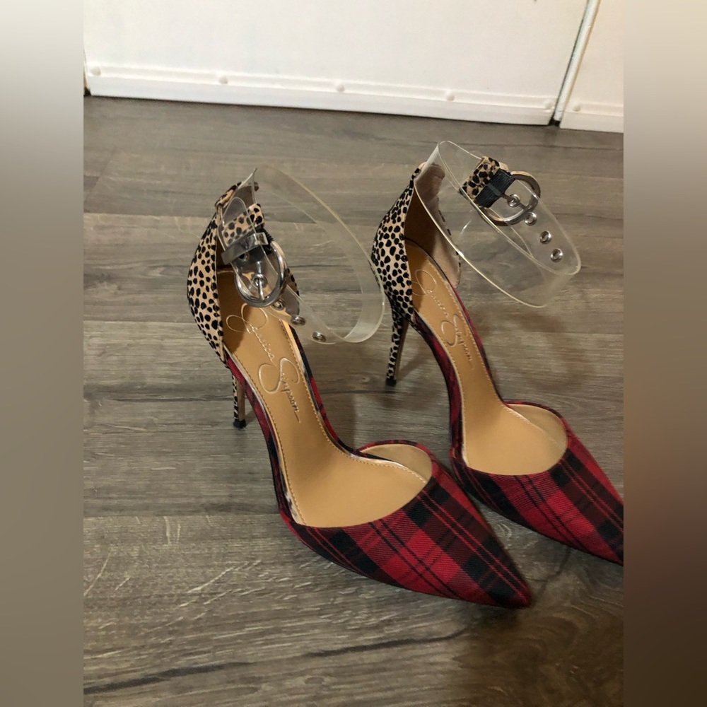 Jessica Simpson black/red lumber jack plaid heels, size 8 1/2